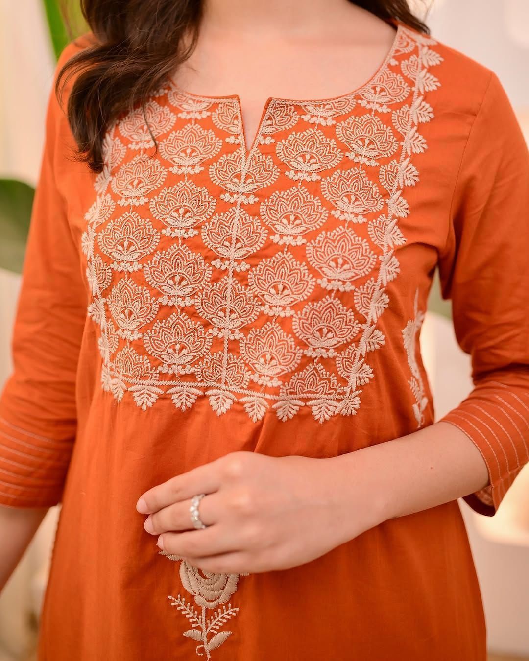 Orange Embroidered Cotton Kurti Set with Dupatta