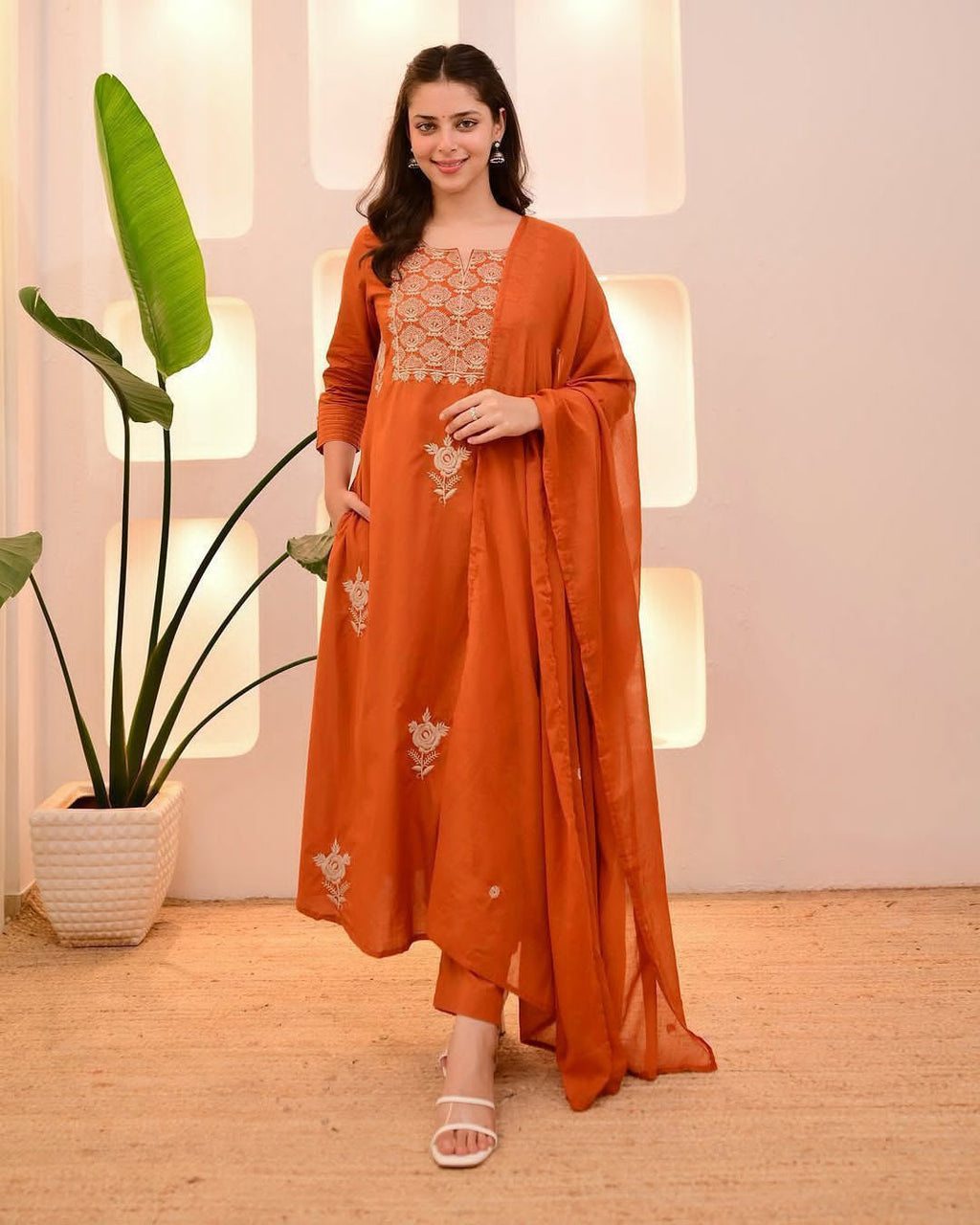 Orange Embroidered Cotton Kurti Set with Dupatta