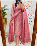 Women's Pure Cotton Floral Print Kurta with Pants and Dupatta Set with Yoke Work