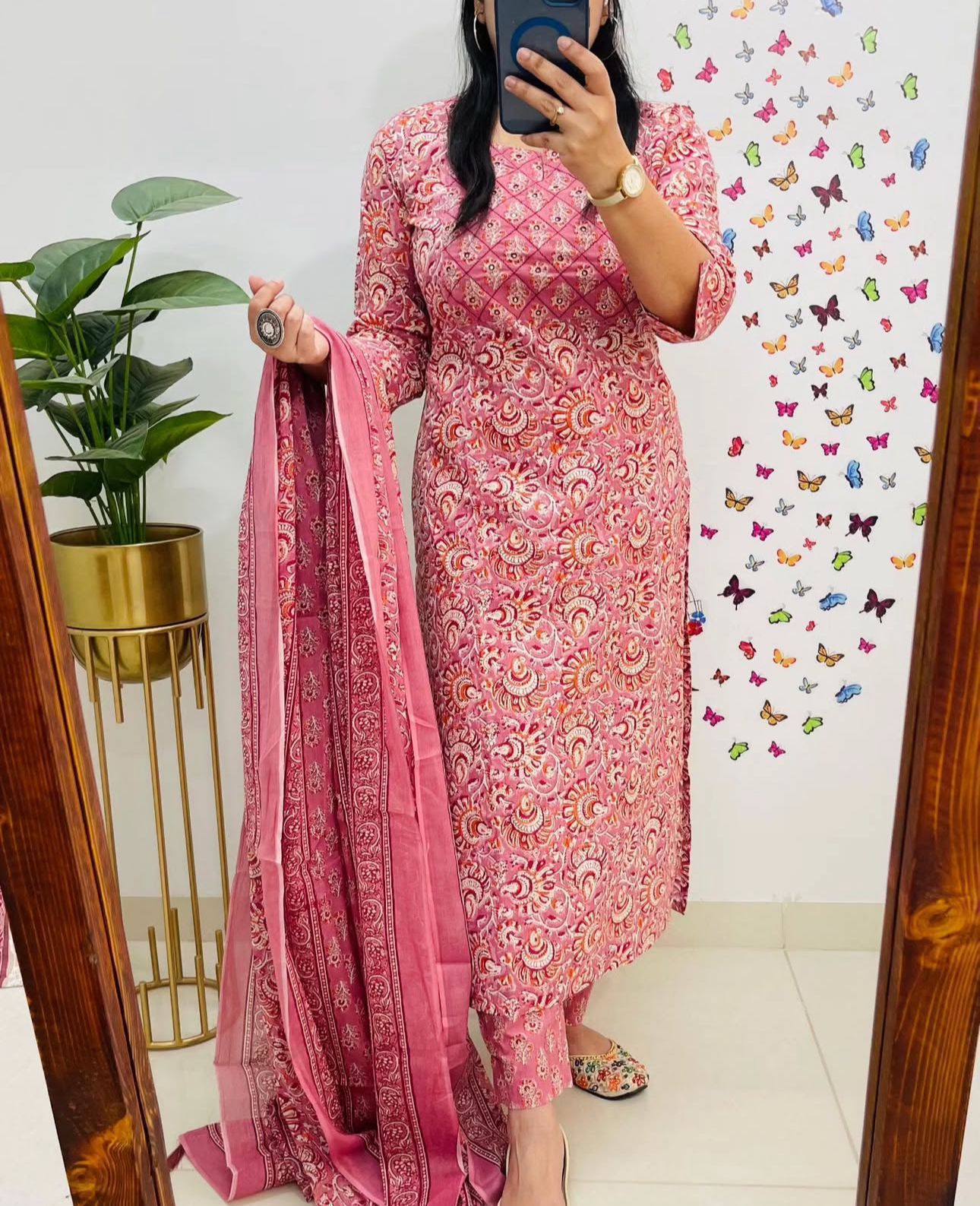 Women's Pure Cotton Floral Print Kurta with Pants and Dupatta Set with Yoke Work