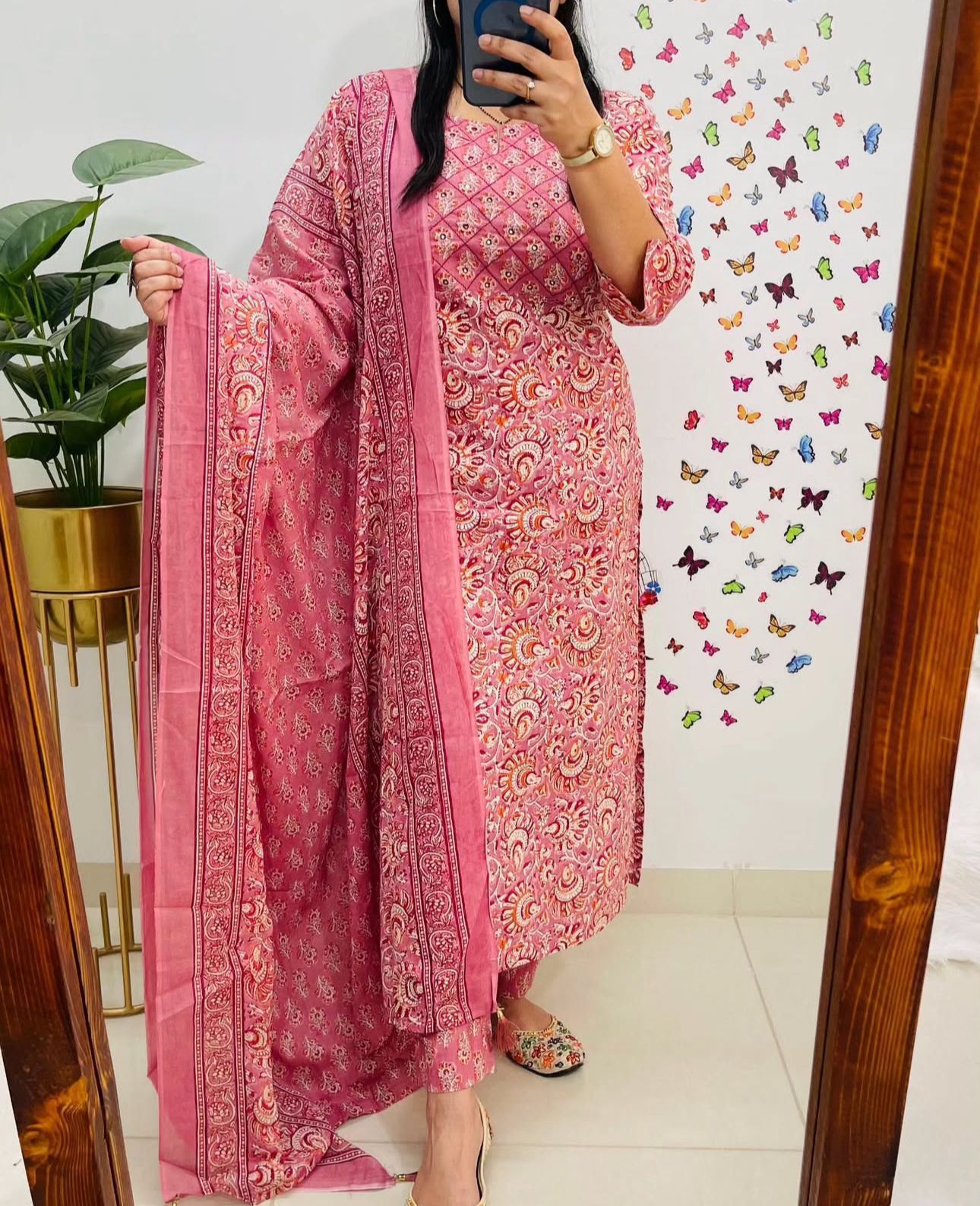 Women's Pure Cotton Floral Print Kurta with Pants and Dupatta Set with Yoke Work