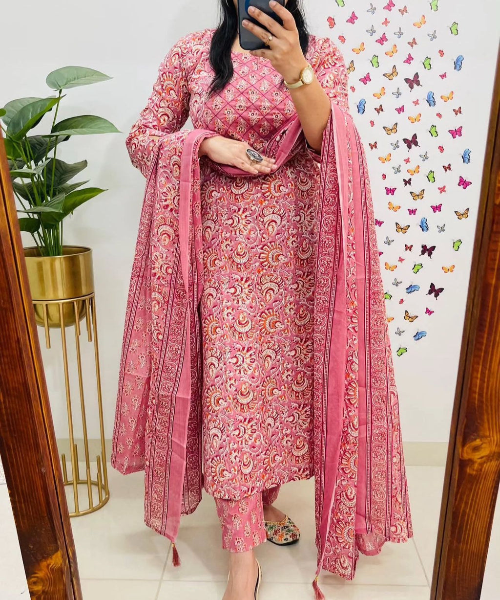 Women's Pure Cotton Floral Print Kurta with Pants and Dupatta Set with Yoke Work