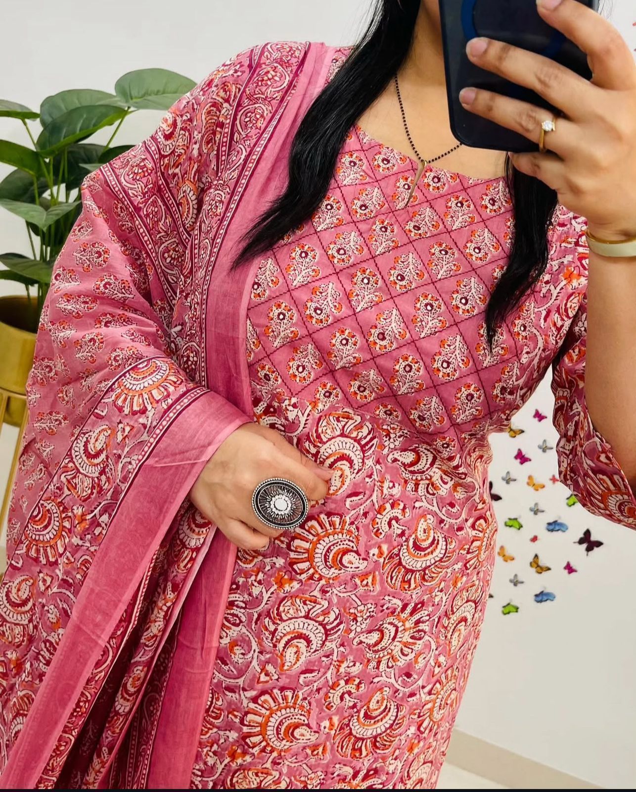 Women's Pure Cotton Floral Print Kurta with Pants and Dupatta Set with Yoke Work
