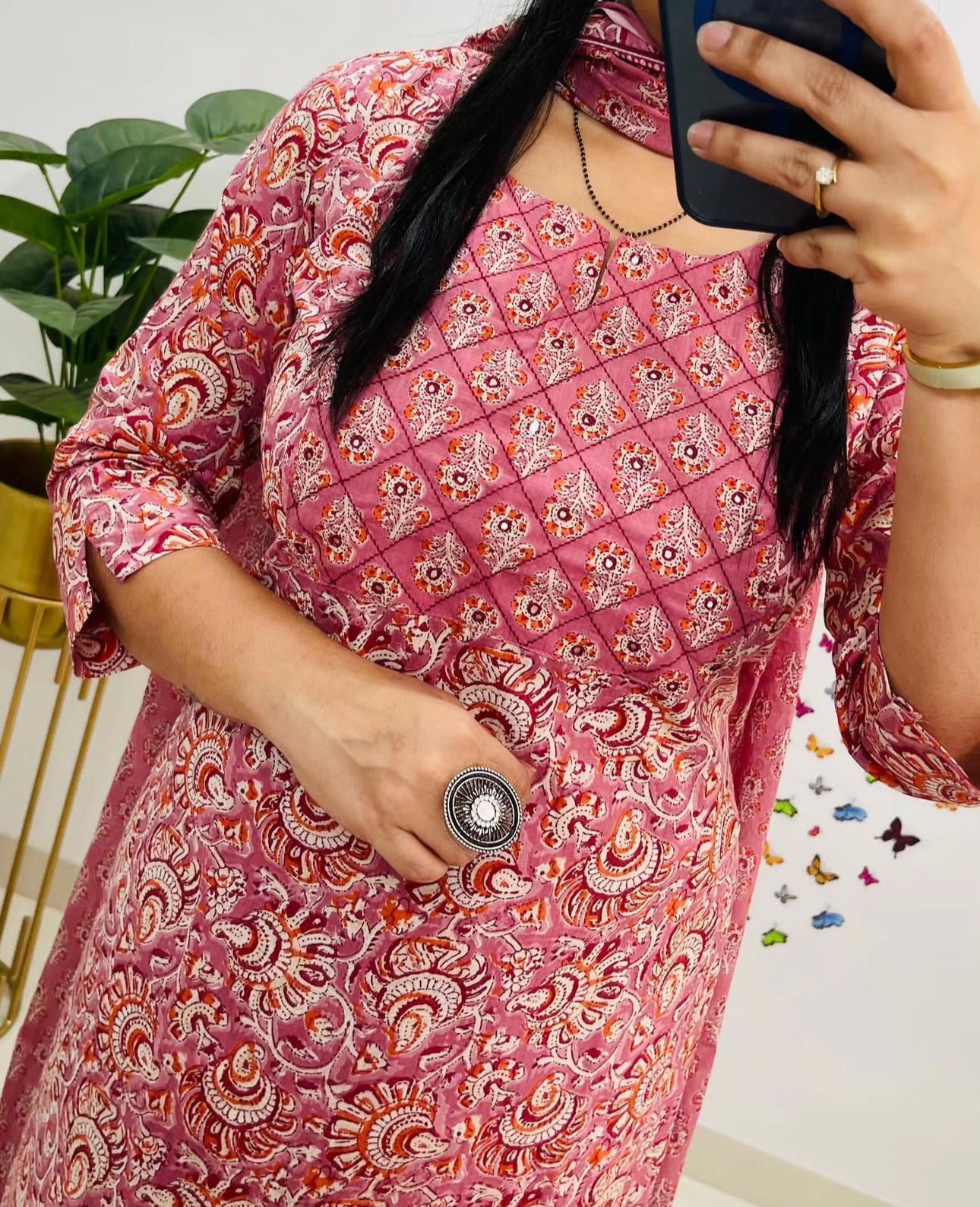 Women's Pure Cotton Floral Print Kurta with Pants and Dupatta Set with Yoke Work