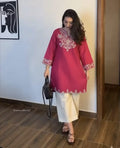Pink Cotton Embroidered Kurta Set with Palazzo Pants