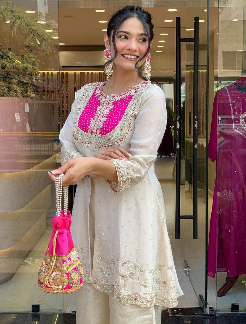 Cream Party Wear Pearl Embroidery Work Readymade Plazzo Suit