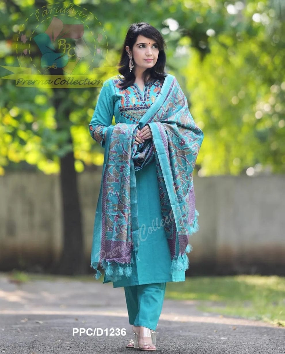 Aari Embroidered Handloom Set with Kantha Print Dupatta
