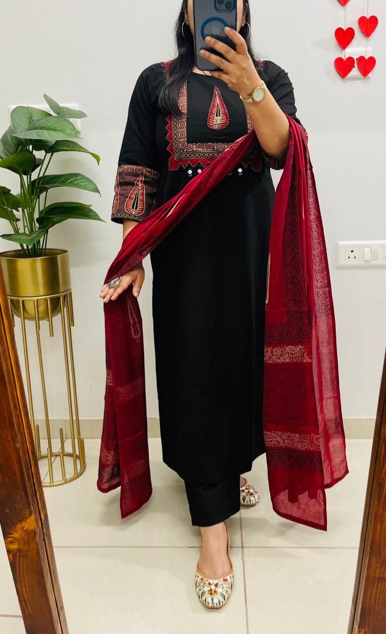 Premium Cotton Stylish Ethnic Kurti Pant Dupatta Set With Heavy Appliqué & button work in yoke and Sleeves paired with fine cotton dupatta