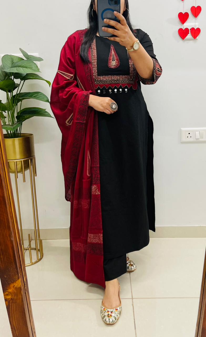 Premium Cotton Stylish Ethnic Kurti Pant Dupatta Set With Heavy Appliqué & button work in yoke and Sleeves paired with fine cotton dupatta
