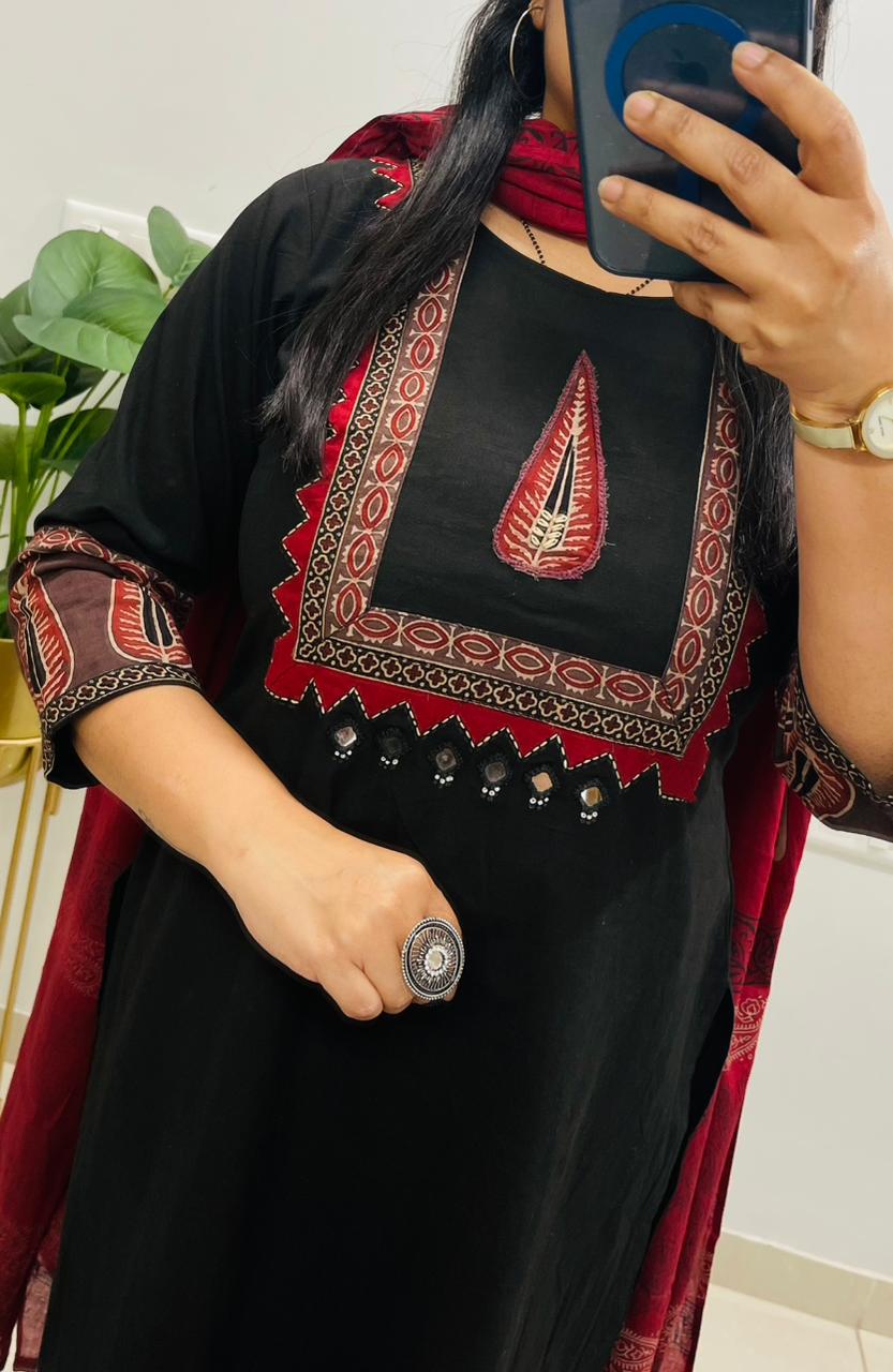 Premium Cotton Stylish Ethnic Kurti Pant Dupatta Set With Heavy Appliqué & button work in yoke and Sleeves paired with fine cotton dupatta