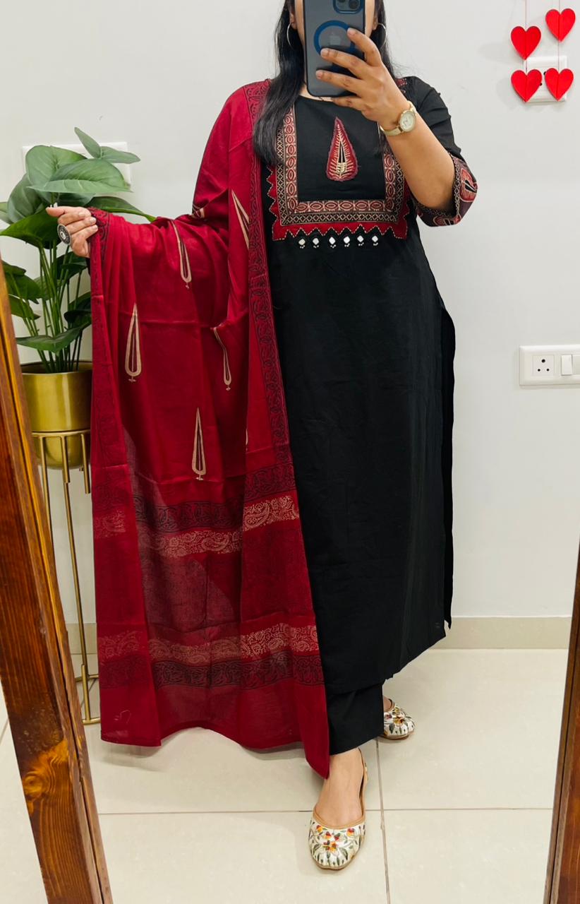 Premium Cotton Stylish Ethnic Kurti Pant Dupatta Set With Heavy Appliqué & button work in yoke and Sleeves paired with fine cotton dupatta