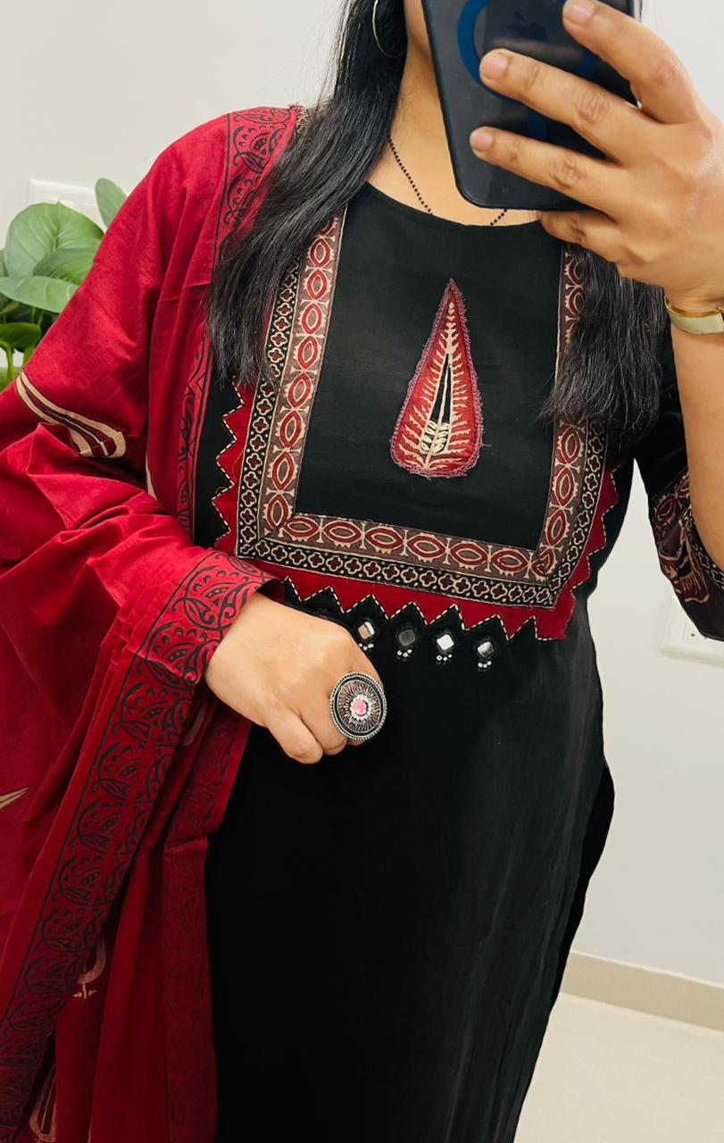 Premium Cotton Stylish Ethnic Kurti Pant Dupatta Set With Heavy Appliqué & button work in yoke and Sleeves paired with fine cotton dupatta