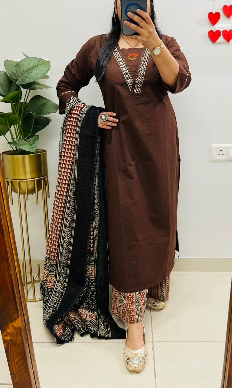 Premium Dhabu Cotton Suit With Ajrakh Applique Patch work on the yoke with detailing embroidery work