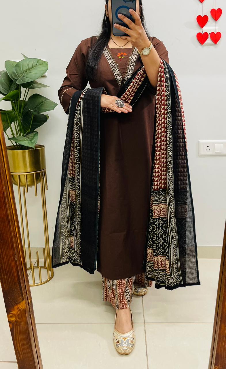 Premium Dhabu Cotton Suit With Ajrakh Applique Patch work on the yoke with detailing embroidery work