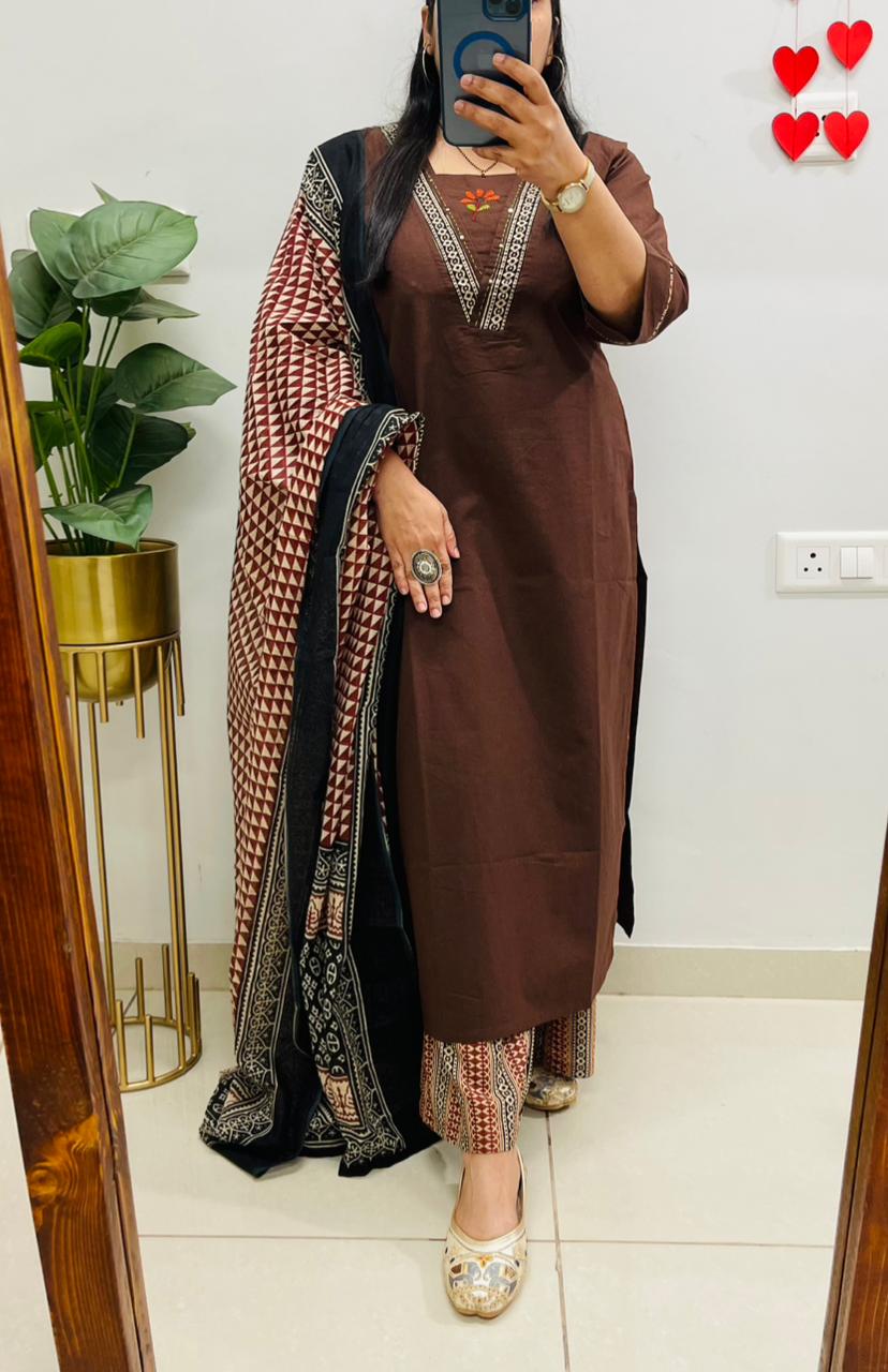 Premium Dhabu Cotton Suit With Ajrakh Applique Patch work on the yoke with detailing embroidery work
