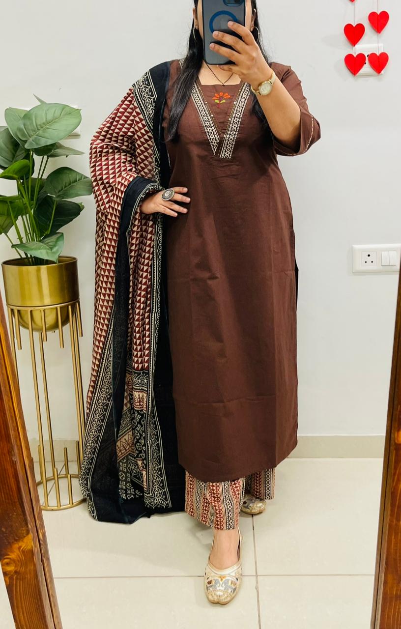 Premium Dhabu Cotton Suit With Ajrakh Applique Patch work on the yoke with detailing embroidery work