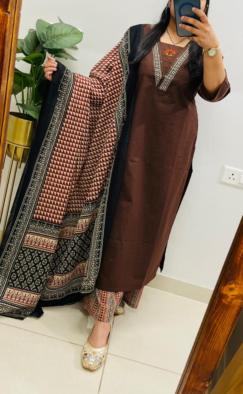 Premium Dhabu Cotton Suit With Ajrakh Applique Patch work on the yoke with detailing embroidery work