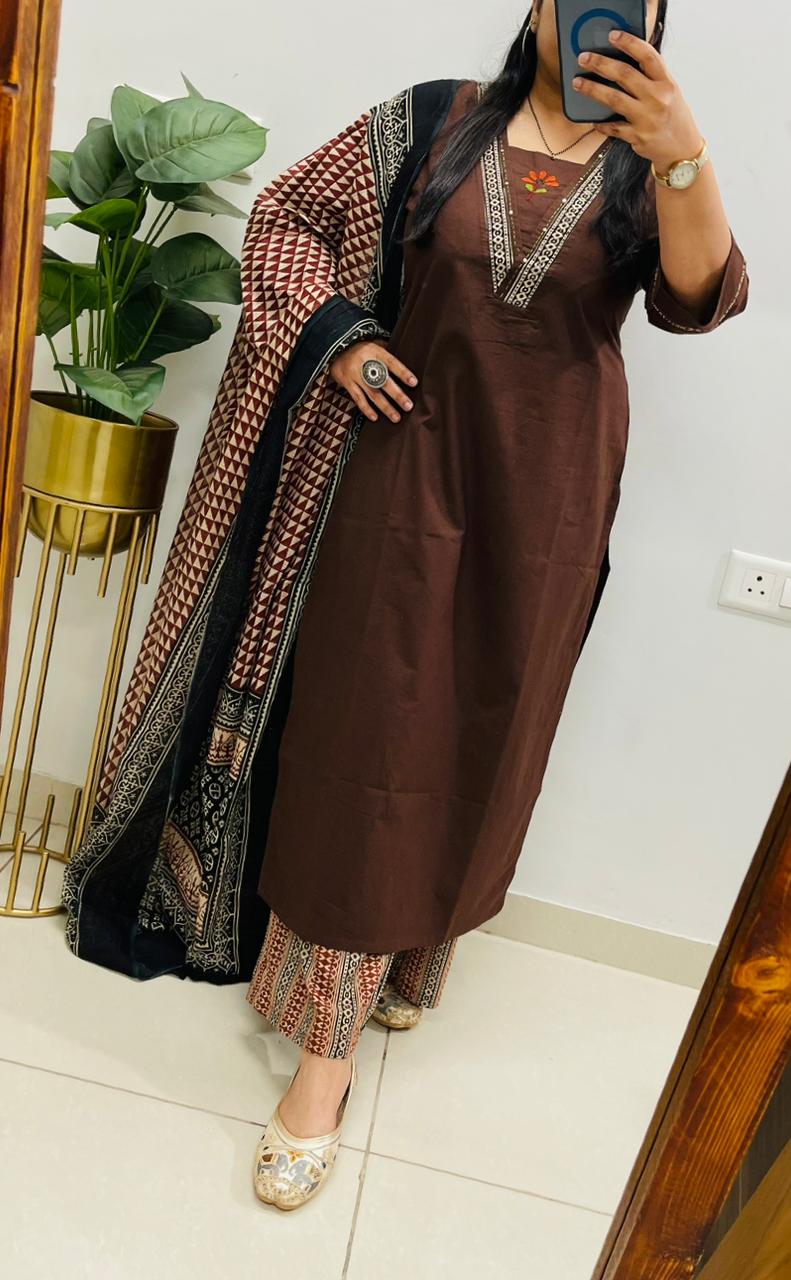 Premium Dhabu Cotton Suit With Ajrakh Applique Patch work on the yoke with detailing embroidery work