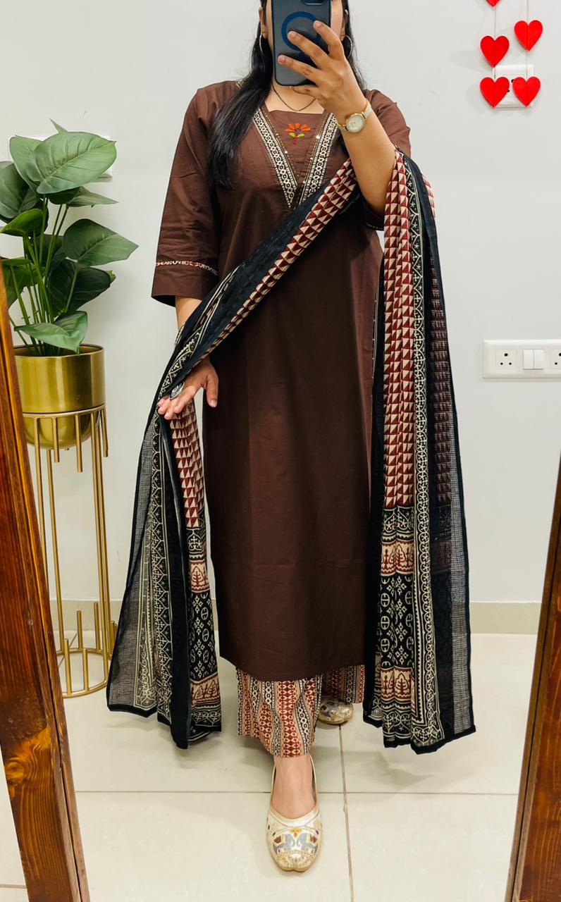 Premium Dhabu Cotton Suit With Ajrakh Applique Patch work on the yoke with detailing embroidery work