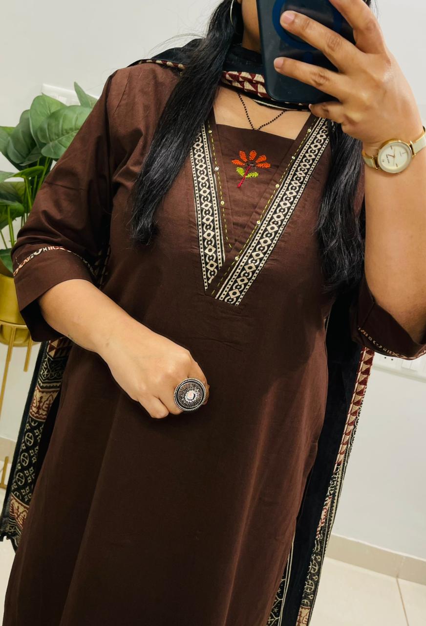Premium Dhabu Cotton Suit With Ajrakh Applique Patch work on the yoke with detailing embroidery work