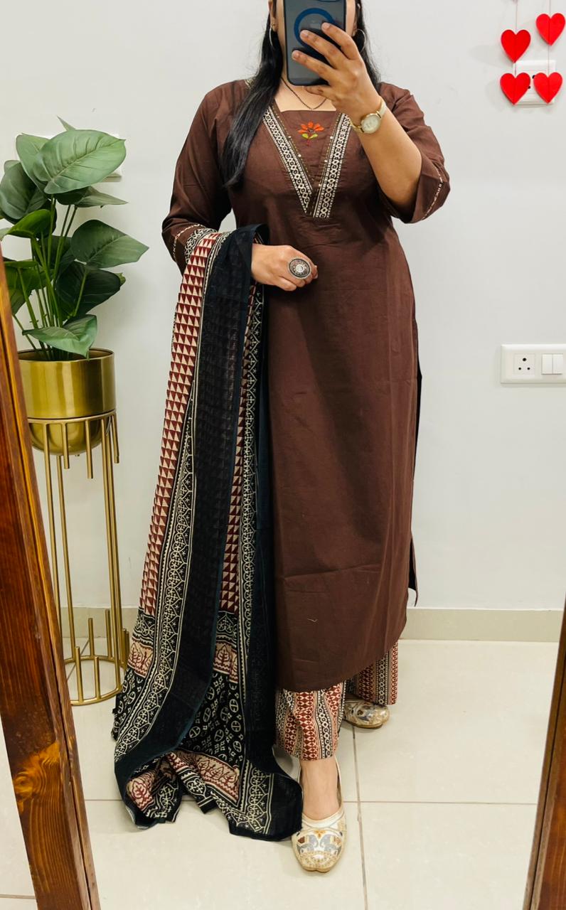 Premium Dhabu Cotton Suit With Ajrakh Applique Patch work on the yoke with detailing embroidery work