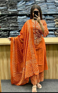 Orange Bandhani A-Line Kurta Set with Tassels