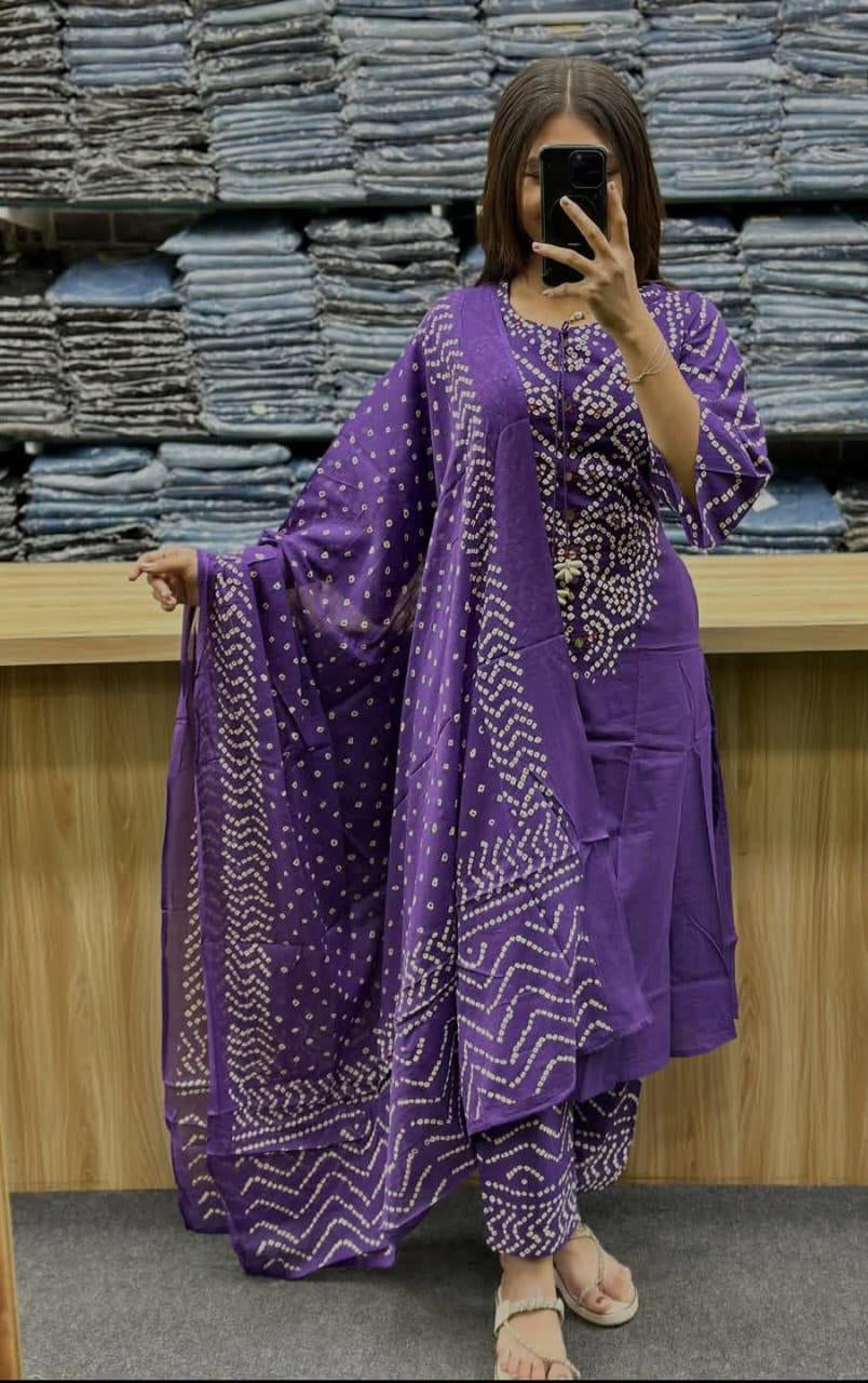 Purple Bandhani Print A-Line Kurta Set with Tassels