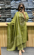 Green Bandhani A-Line Kurta Set with Tassels