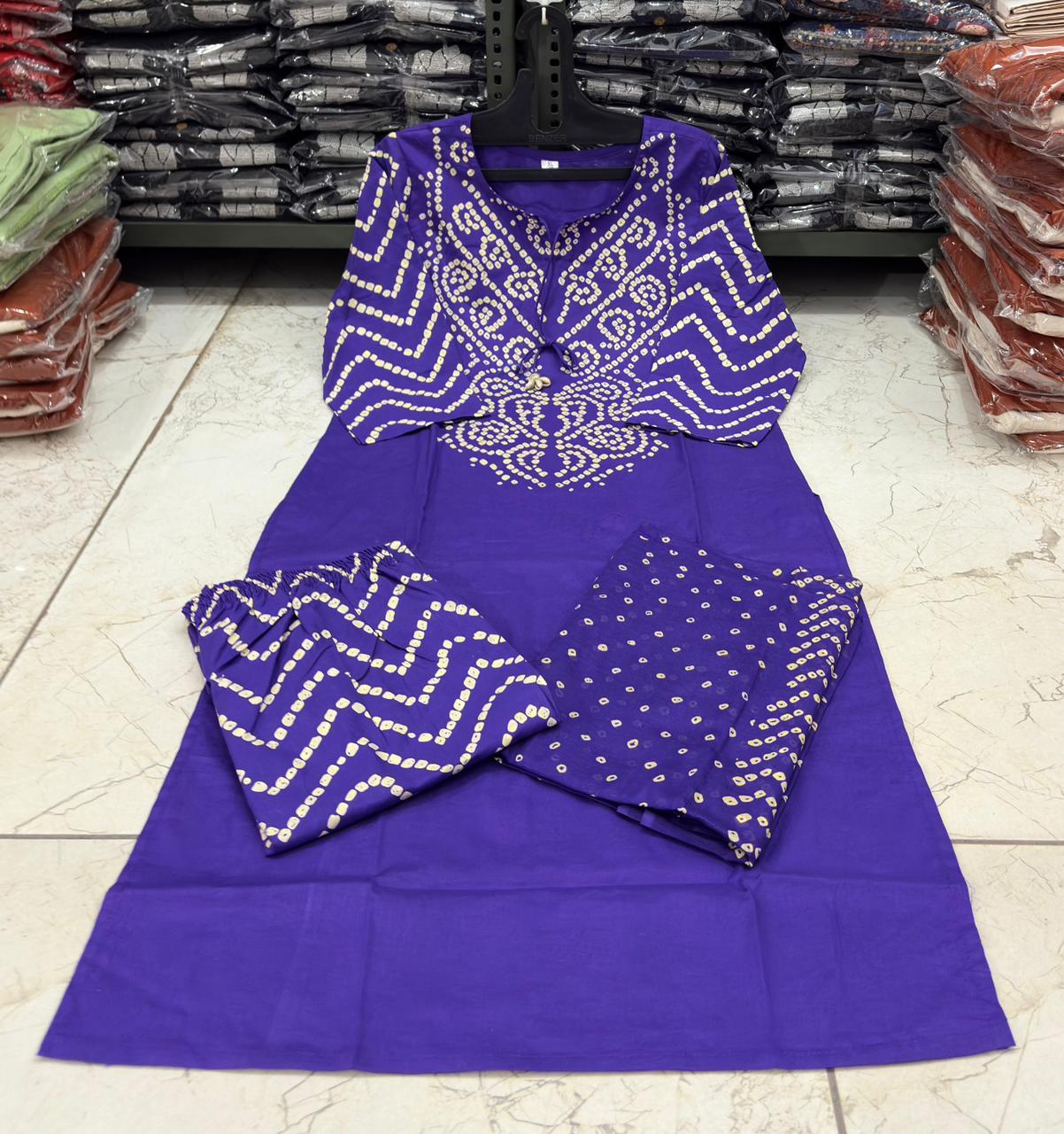 Purple Bandhani Print A-Line Kurta Set with Tassels