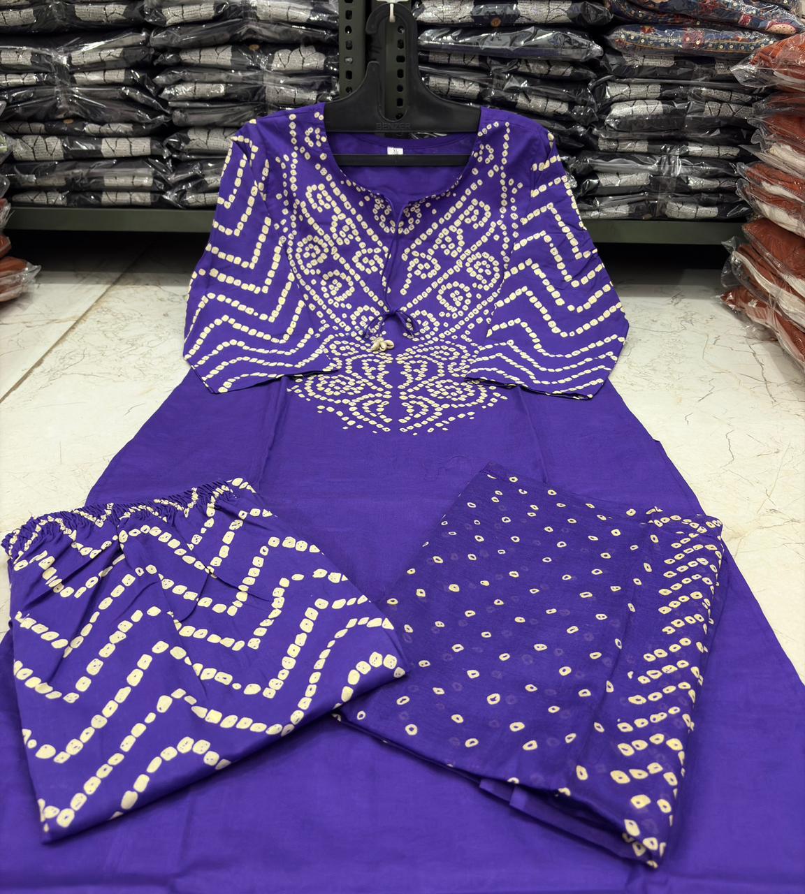 Purple Bandhani Print A-Line Kurta Set with Tassels
