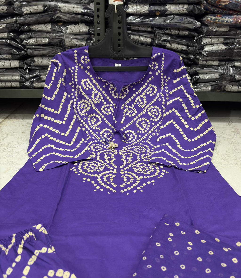 Purple Bandhani Print A-Line Kurta Set with Tassels