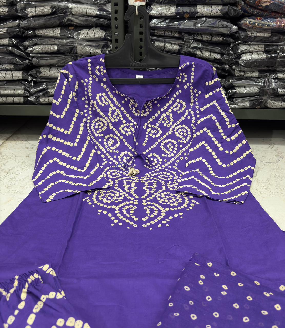 Purple Bandhani Print A-Line Kurta Set with Tassels
