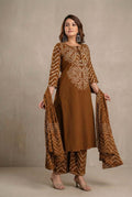 Brown Bandhani Print A-Line Kurta Set with Tassels