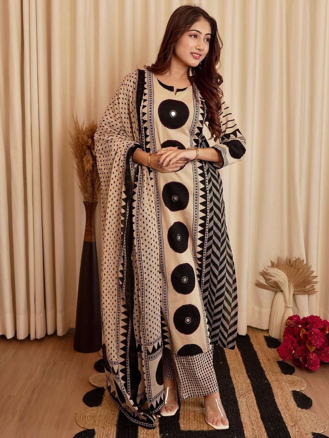 Black Heavy Fabric Chevron A-Line Kurta with Mirror Yoke
