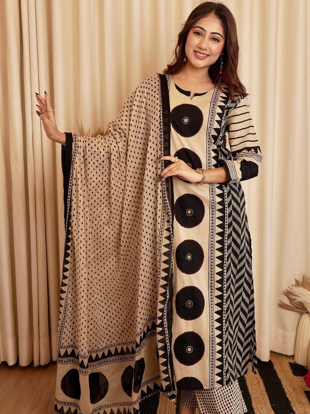 Black Heavy Fabric Chevron A-Line Kurta with Mirror Yoke