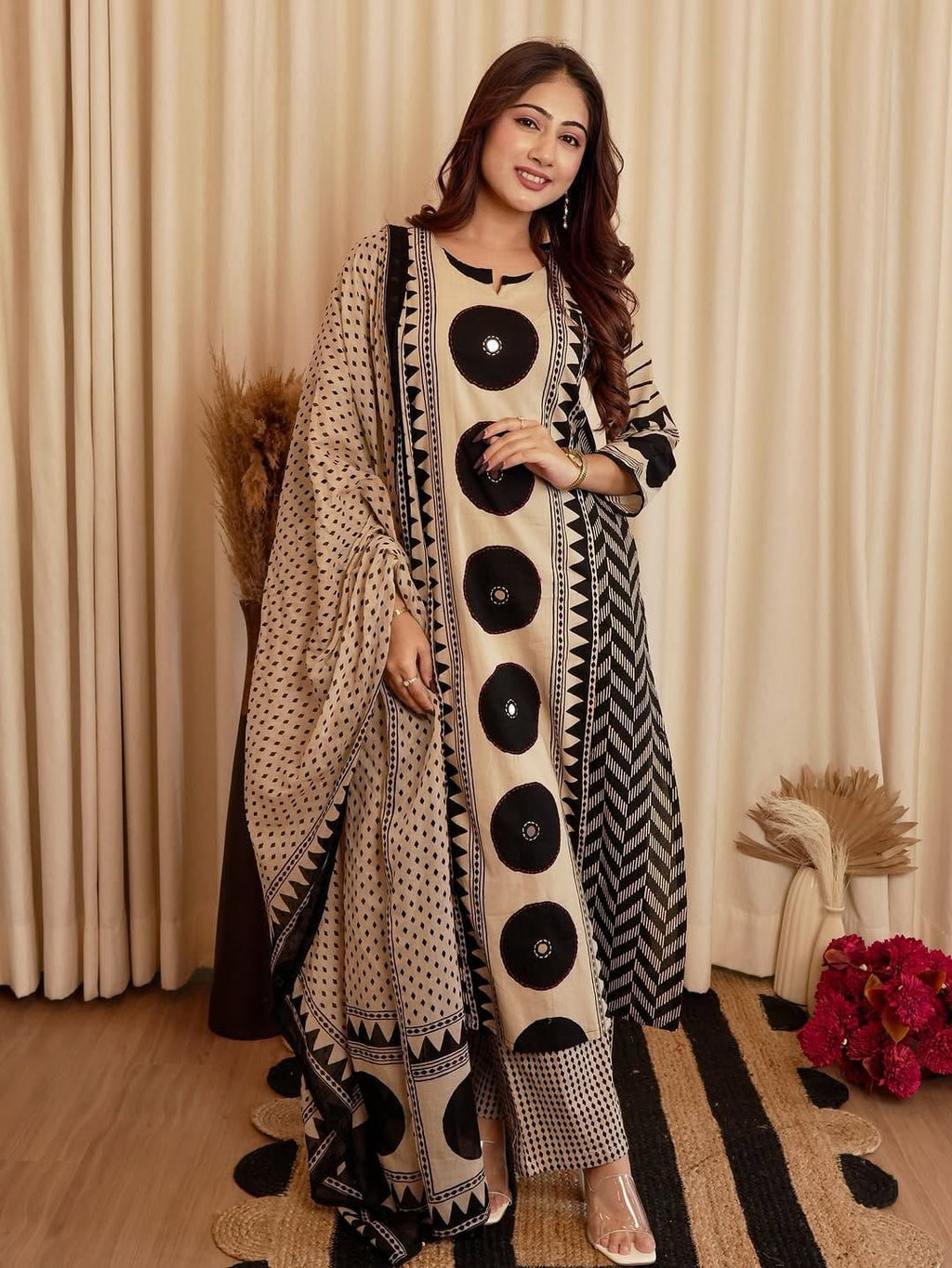 Black Heavy Fabric Chevron A-Line Kurta with Mirror Yoke