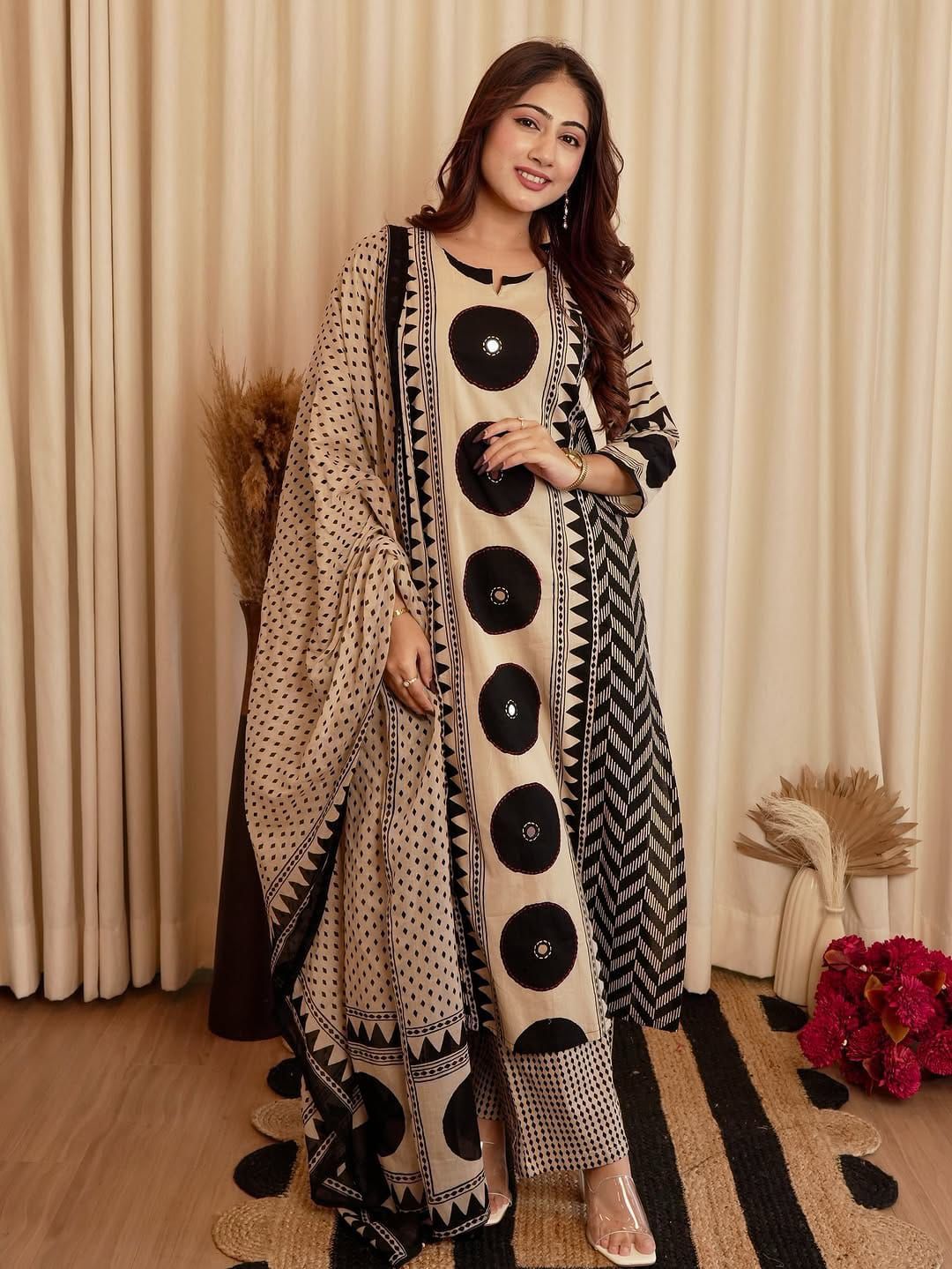 Black Heavy Fabric Chevron A-Line Kurta with Mirror Yoke