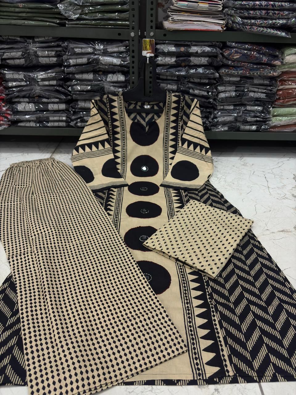 Black Heavy Fabric Chevron A-Line Kurta with Mirror Yoke