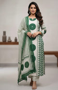Green Cotton A-Line Suit Set with Mirror Work