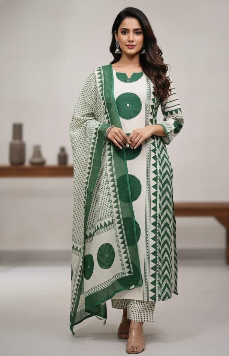 Green Cotton A-Line Suit Set with Mirror Work