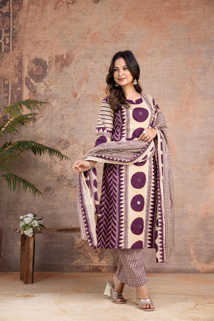 Purple Cotton A-Line Kurta with Mirror Yoke