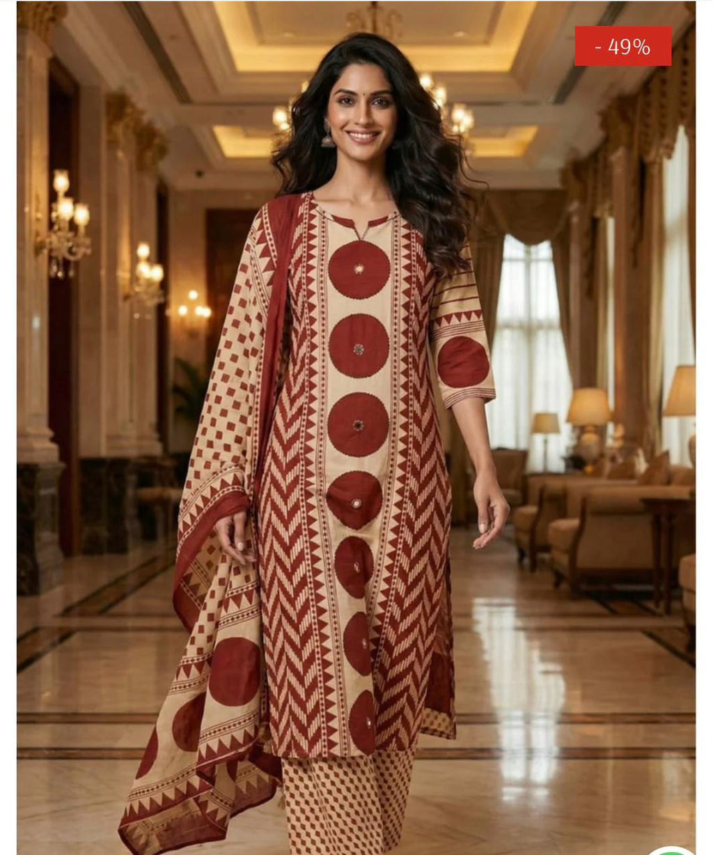 Red Cotton A-Line Kurta with Mirror Yoke
