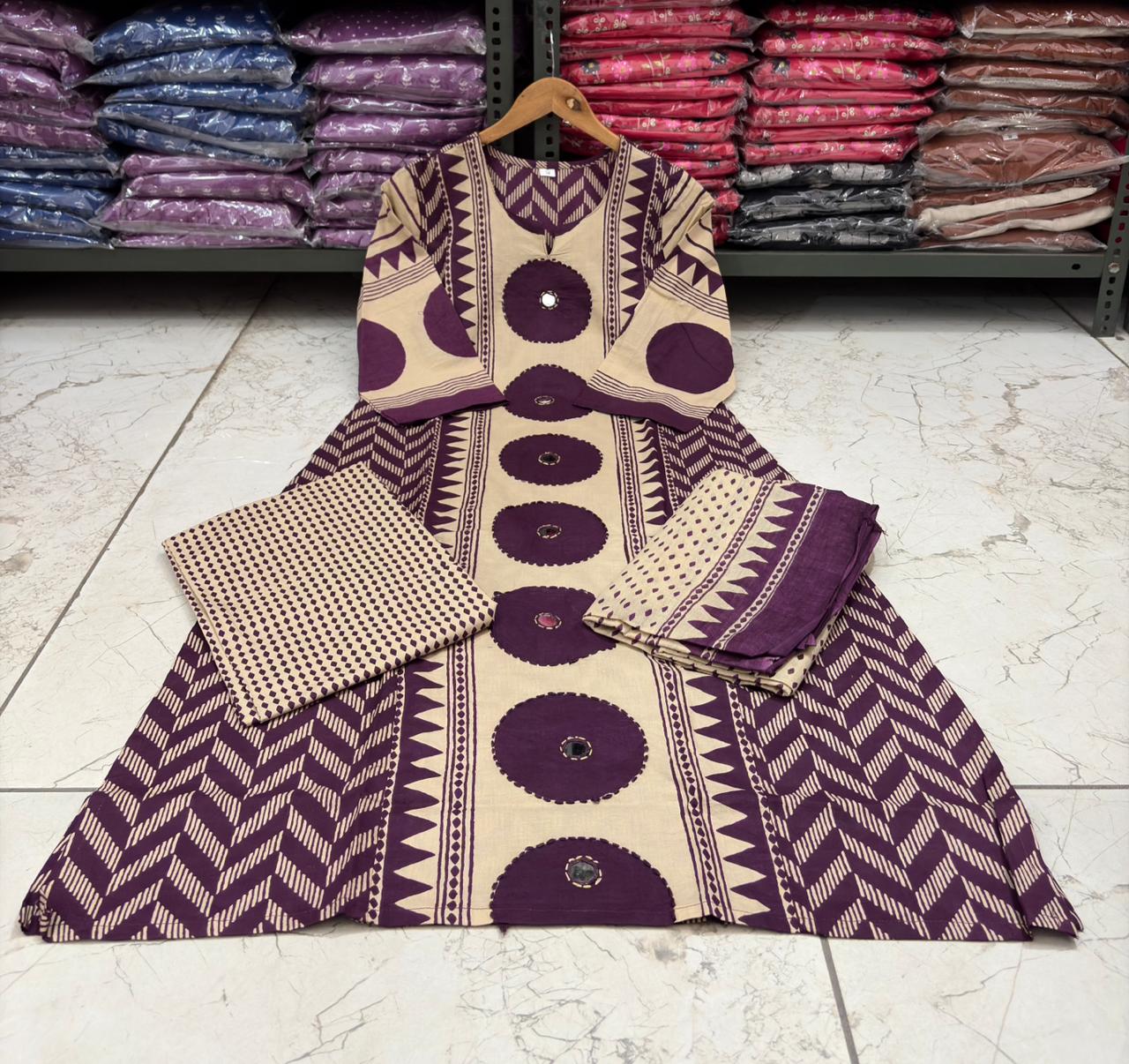 Purple Cotton A-Line Kurta with Mirror Yoke