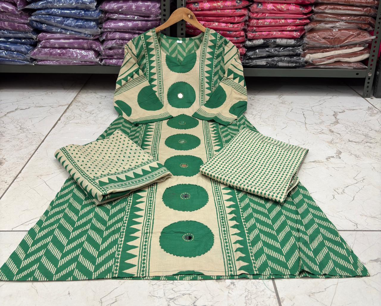 Green Cotton A-Line Suit Set with Mirror Work