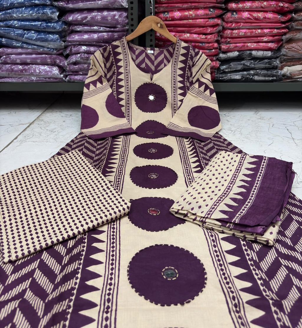 Purple Cotton A-Line Kurta with Mirror Yoke