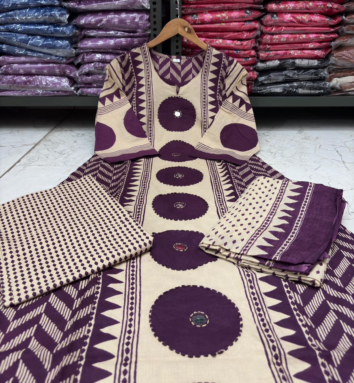 Purple Cotton A-Line Kurta with Mirror Yoke