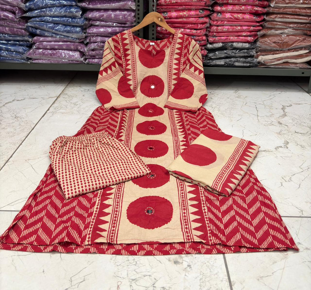 Red Cotton A-Line Kurta with Mirror Yoke