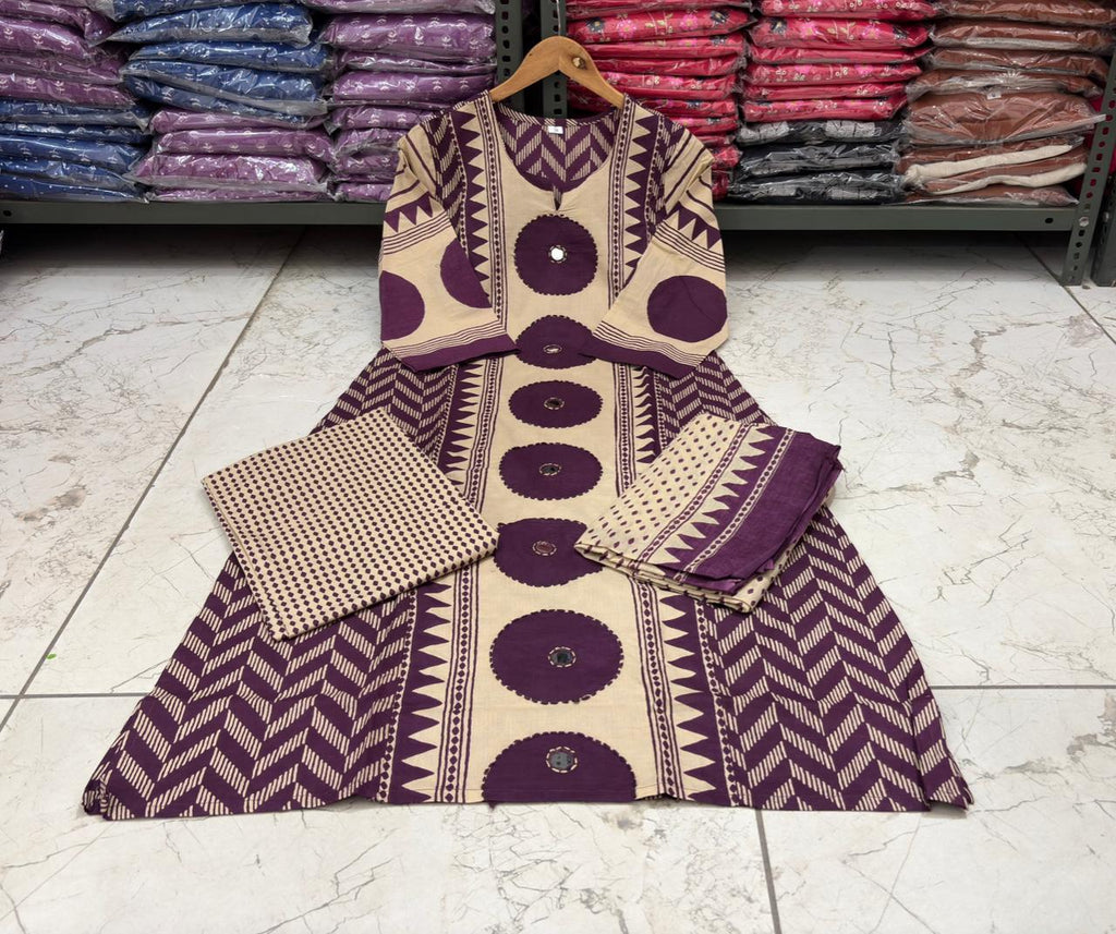 Purple Cotton A-Line Kurta with Mirror Yoke