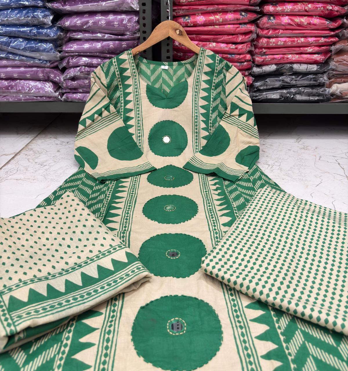 Green Cotton A-Line Suit Set with Mirror Work
