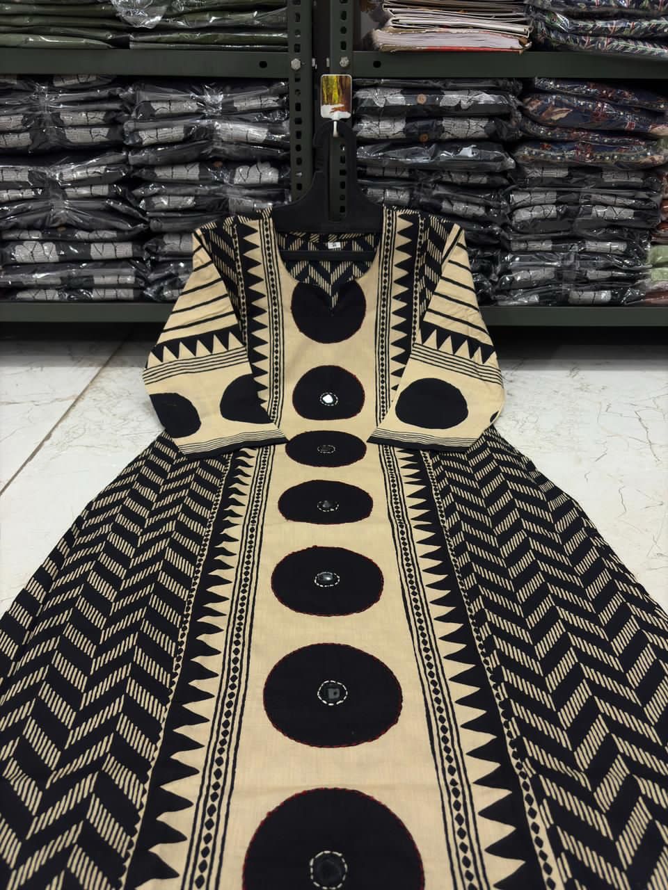Black Heavy Fabric Chevron A-Line Kurta with Mirror Yoke